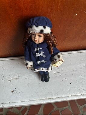 Collector’s Choice ~Porcelain Red Curly Hair Doll, Blue Eyes Winter Blue Outfit